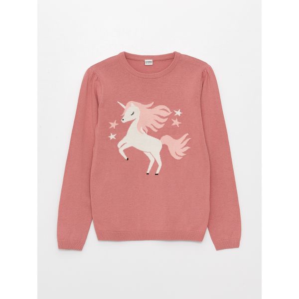 Crew Neck Patterned Long Sleeve Girl Tricot Sweater