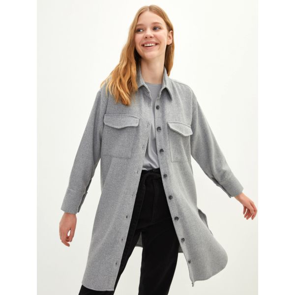 Front Button Closure Plain Long Sleeve Gabardine Fabric Women's Shirt Jacket