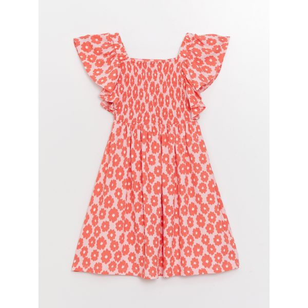 Square Neck Patterned Short Sleeve Girls' Dress